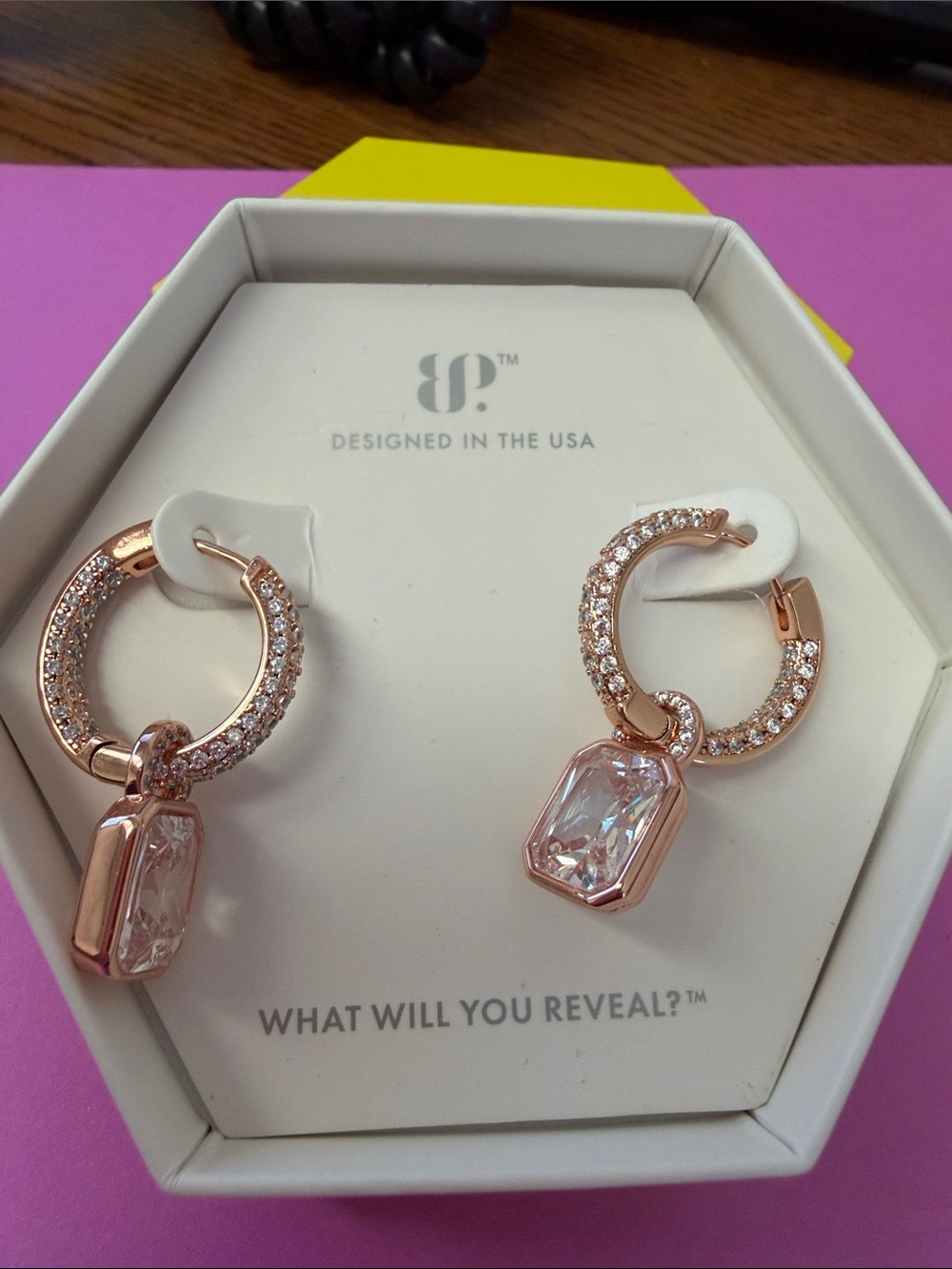 Bomb Party Rose Gold Pavé Hoop Earrings with Clear Pendant - Designed in the USA